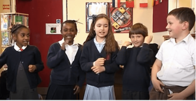 Primary school children telling a story