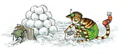 Findus packs into a snowball his letter to the Christmas Tomte.