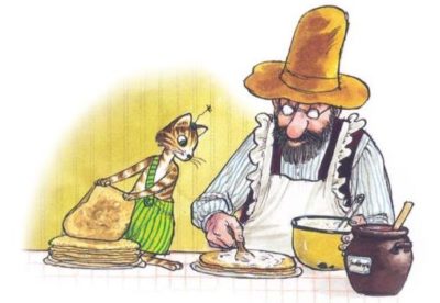 Pettson and Findus making pancake cake. From the book "Pancakes for Findus".