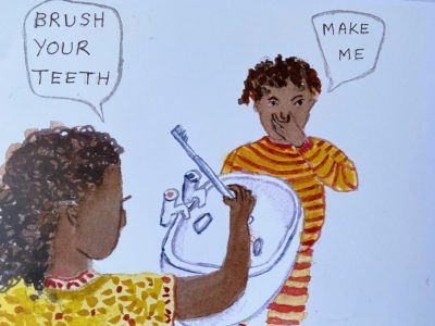 Parent with child who doesn't want to brush their teeth.