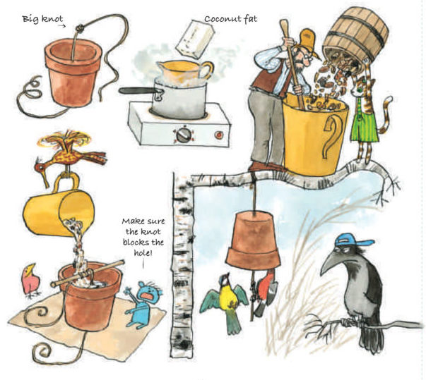 Making a small-bird feeder out of an upside down flower pot filled with coconut fat and seeds.