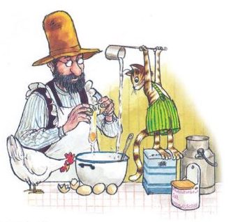 Pettson and Findus making pancakes