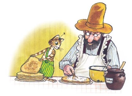 Pettson and Findus stacking pancakes to make a pancake cake.