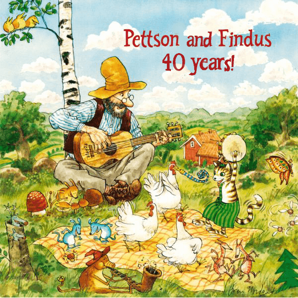 Pettson and Findus and their friends placing music in a meadow.