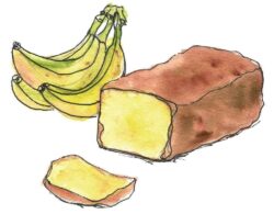 loaf of banana bread beside bunch of fresh bananas.